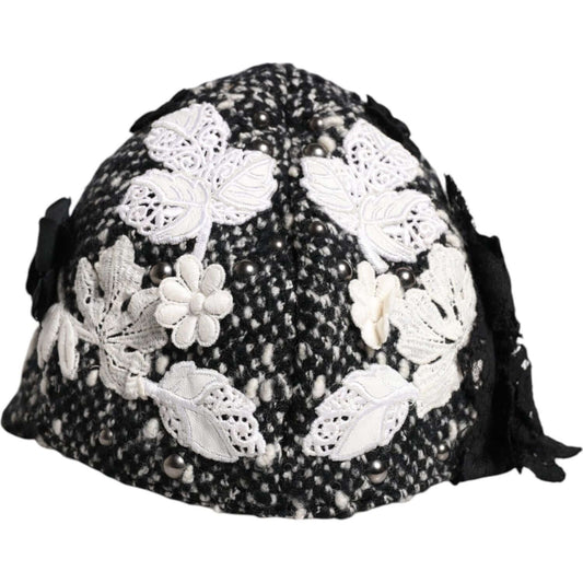Dolce & Gabbana Black Wool White Floral Embellished Cloche Hat Dolce & Gabbana Light Gray