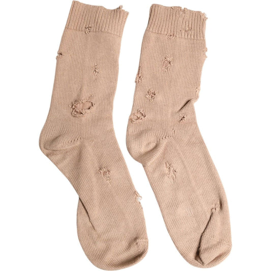 Dolce & Gabbana Beige Solid Stretch Mid Calf Men Socks Dolce & Gabbana Tan