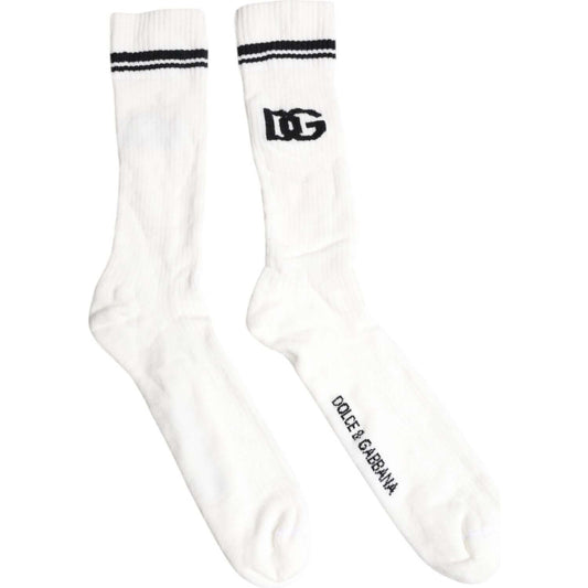 Dolce & Gabbana White Black DG Logo Print Stretch Mid Calf Socks Dolce & Gabbana White Smoke
