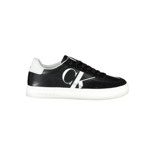 Calvin Klein black lace-up sneakers with contrast details and logo, made from recycled polyester and leather, side view.