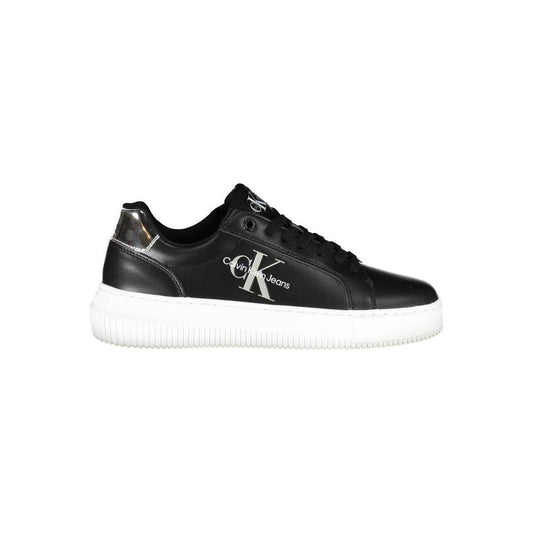 Calvin Klein black leather women's sneaker with white sole and logo, featuring sustainable materials. Fashion-forward and eco-friendly design.