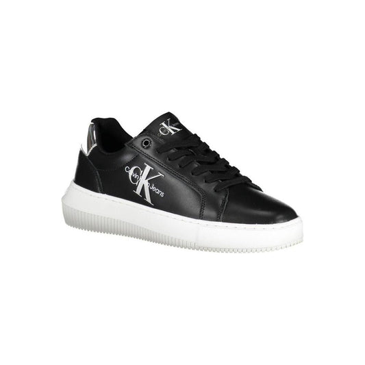Calvin Klein black leather women sneaker with logo, eco-friendly design made with 20% recycled polyester, fashion-forward footwear.