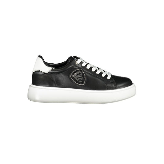 Blauer black leather women's sneaker with white accents and rhinestone details, featuring a removable insole and iconic logo.