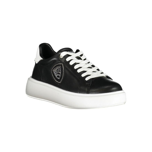 Blauer Black Leather Women's Sneaker with White Details and Rhinestone Embellishments, Featuring Iconic Logo