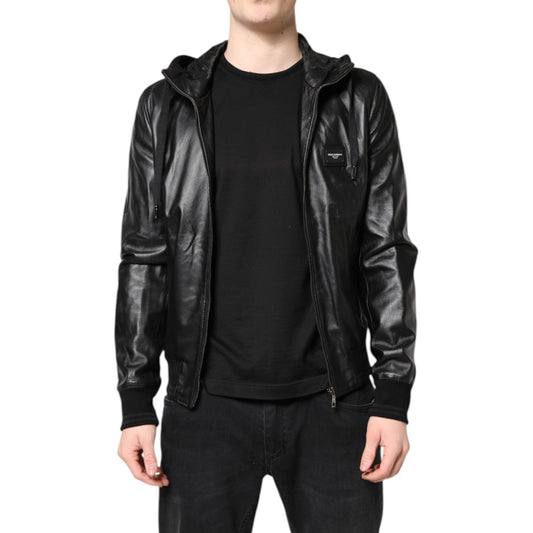 Dolce & Gabbana Black Lambskin Leather Full Zip Biker Jacket