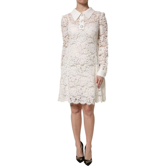 Dolce & Gabbana White Floral Lace Long Sleeves Shift Dress