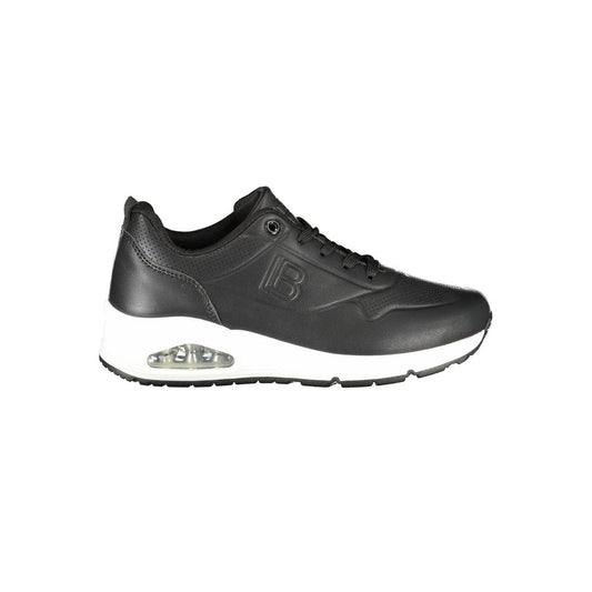 Laura Biagiotti black polyester women's sneaker with lace-up design and removable footbed, featuring brand logo and contrasting details.