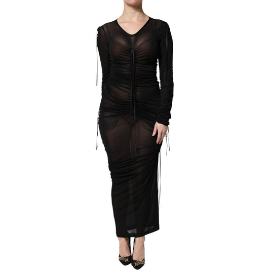Dolce & Gabbana Black Mesh Trim Bodycon Long Sheath Dress