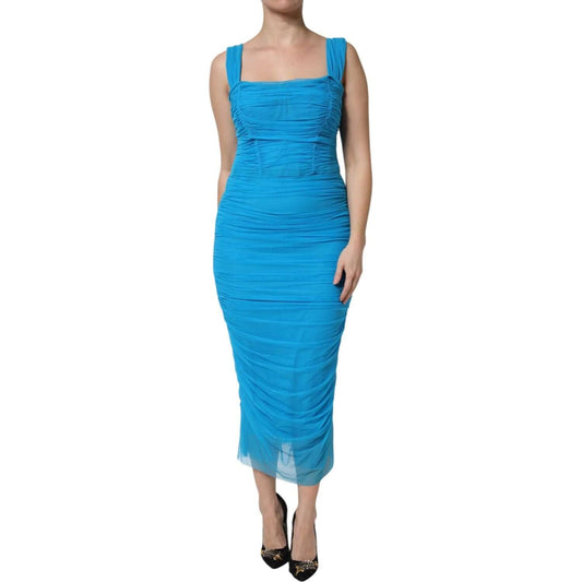 Dolce & Gabbana Blue Mesh Trim Ruched Tulle Sheath Dress