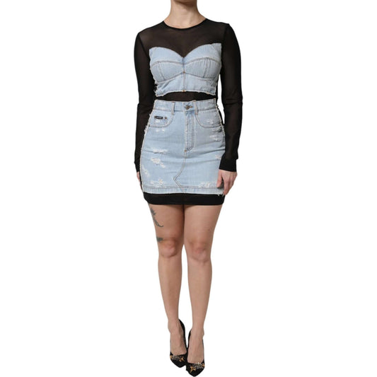 Dolce & Gabbana Black Blue Long Sleeves Denim Mini Dress