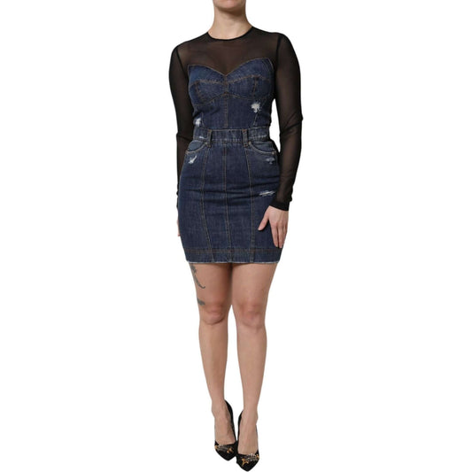 Dolce & Gabbana Black Blue Long Sleeves Denim Mini Dress