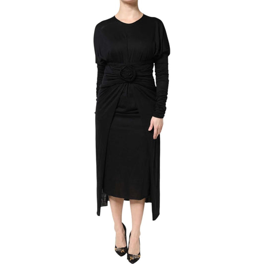 Dolce & Gabbana Black Wool Long Sleeves Sheath Midi Dress