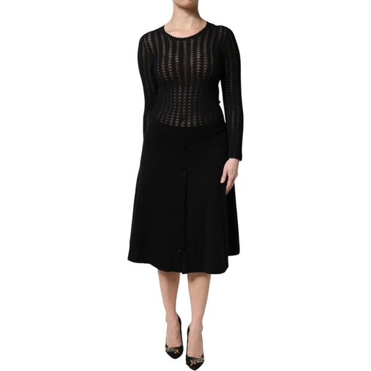 Dolce & Gabbana Black Cashmere Long Sleeves A-line Midi Dress