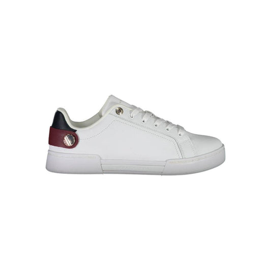 Tommy Hilfiger white women's sneaker with contrasting color details, recycled polyester, and iconic logo for sporty-chic style.