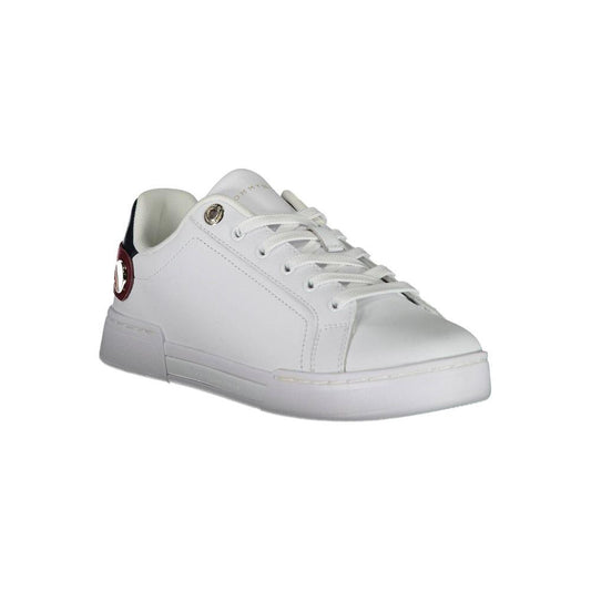 Tommy Hilfiger white polyethylene women's sneaker with colorful accents and iconic logo, made from recycled polyester for a chic look.