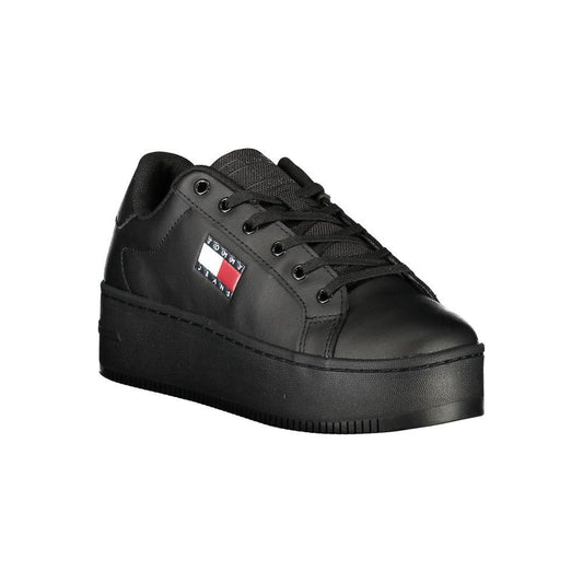 Tommy Hilfiger black women's sneaker with polyester and leather, featuring a 5 cm wedge and logo design for elevated style.