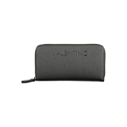 Valentino black polyethylene wallet with zip closure, featuring 6 compartments, double card spaces, and coin purse, recycled material.