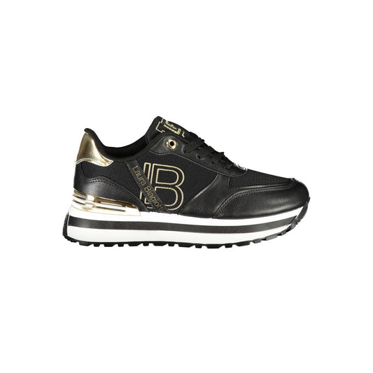 Laura Biagiotti black polyester women's sneaker with gold details and logo, urban chic design for style-savvy comfort.