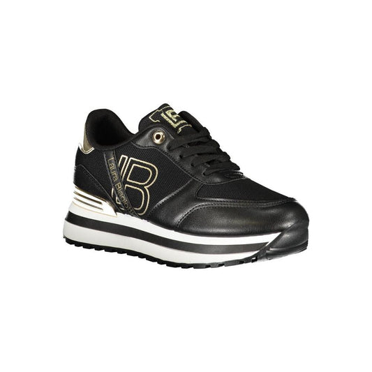 Laura Biagiotti black polyester women's sneaker with logo embroidery, sleek design, urban chic style, and contrasting details.