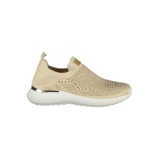 Laura Biagiotti beige polyester women's sneaker with rhinestones and embroidery, featuring a sporty yet elegant design.