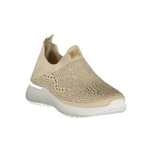 Laura Biagiotti beige polyester women's sneaker with rhinestones, featuring sporty design and elegant embroidery.