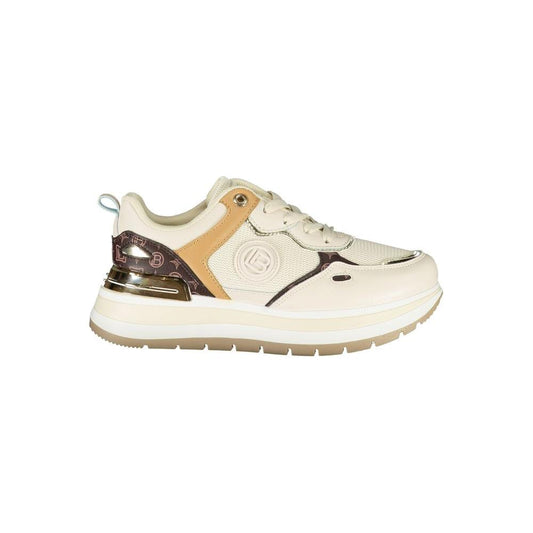 Laura Biagiotti beige polyester women's sneaker with calf leather and contrasting details, featuring removable footbed and logo.