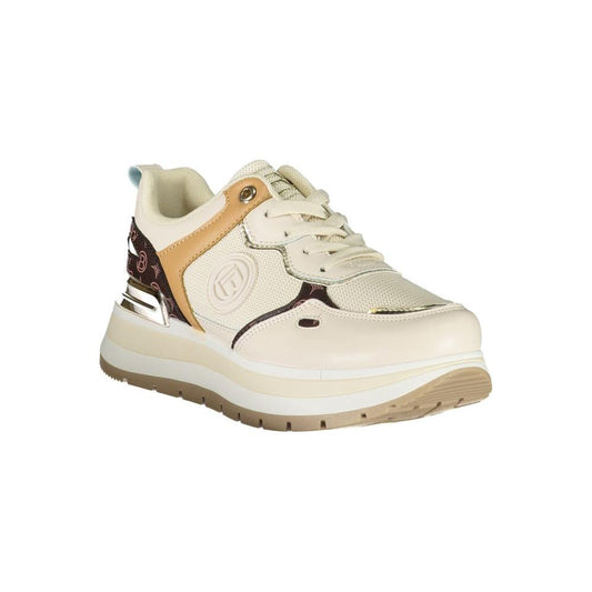 Laura Biagiotti beige polyester women's sneaker with calf leather and contrasting details, featuring a removable footbed and logo embroidery.