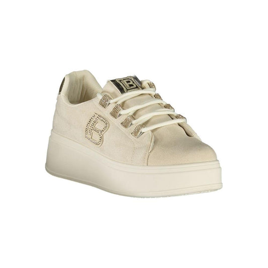Laura Biagiotti beige women's sneaker with rhinestones, embroidery, and 4 cm wedge heel, made from polyester and leather blend.