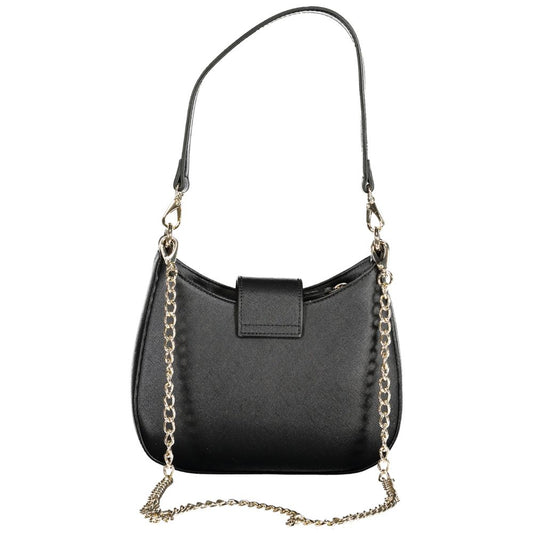 Valentino Bags black polyethylene women handbag with removable shoulder handle and chain strap, showcasing two internal pockets.