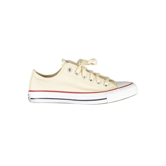 Side view of beige Converse women's sneaker with iconic logo, featuring cotton blend material and stylish contrast details.