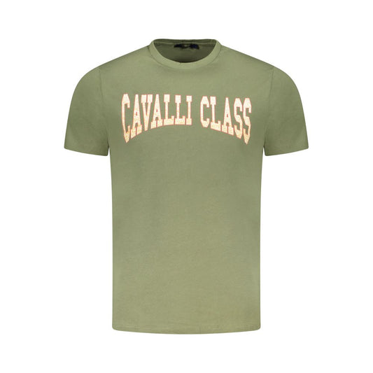 Cavalli Class green cotton men's t-shirt with logo, short-sleeve crew neck, combining luxury and casual style.