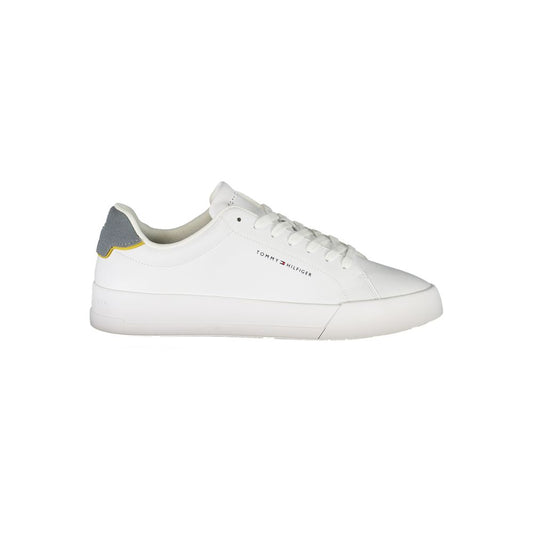 Tommy Hilfiger white leather men's sneaker with grey accent and iconic logo, offering sporty elegance and customized comfort.