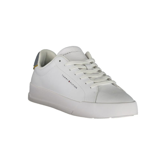 Tommy Hilfiger white leather men’s sneaker with grey accents and iconic logo, offering sporty elegance and custom comfort.