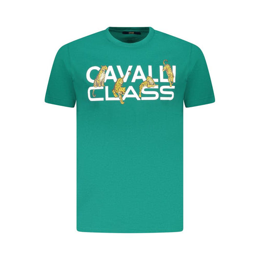 Cavalli Class green cotton men's t-shirt with bold logo and distinctive print on front, showcasing luxury and style.