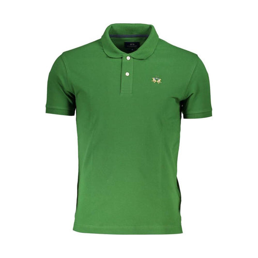 La Martina green slim fit polo with contrast details, short sleeves, two-button placket, and signature embroidery.