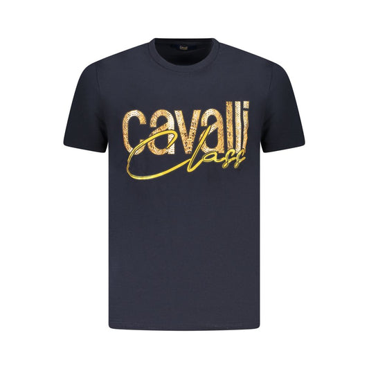 Cavalli Class blue cotton men's T-shirt with distinctive print and logo, short sleeve crewneck design.