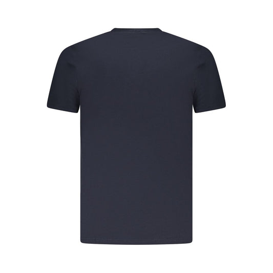 Back view of Cavalli Class blue cotton men's T-shirt with short sleeves and crewneck design.