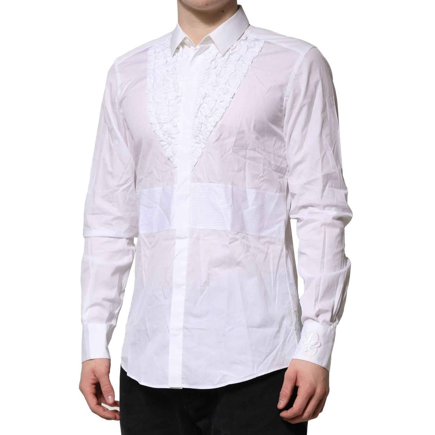 Dolce & Gabbana White Cotton Ruffled Detailing Formal Shirt TSH906823-40