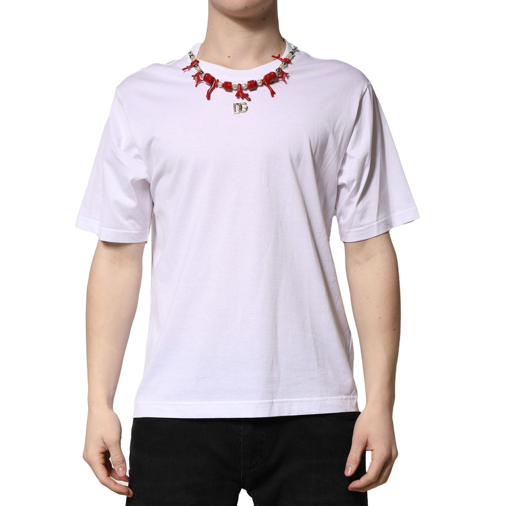 Dolce & Gabbana White Embellished Cotton Crew Neck T-shirt