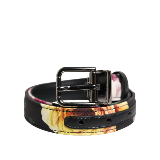 Dolce & Gabbana Black Floral Brocade Silver Metal Buckle Belt