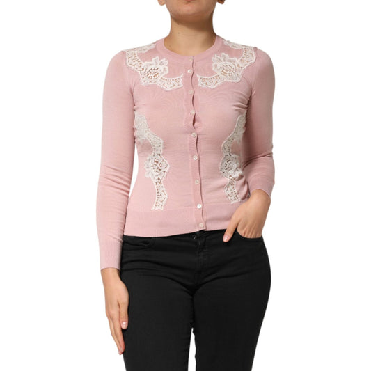 Dolce & Gabbana Pink Floral Lace Detailing Cardigan Sweater TSH90643-36