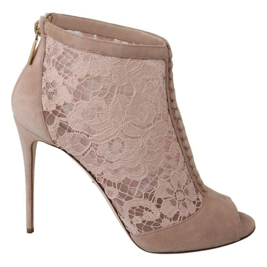 Dolce & Gabbana Beige Lace Suede Peep Toe Ankle Boots Shoes LA8038-40