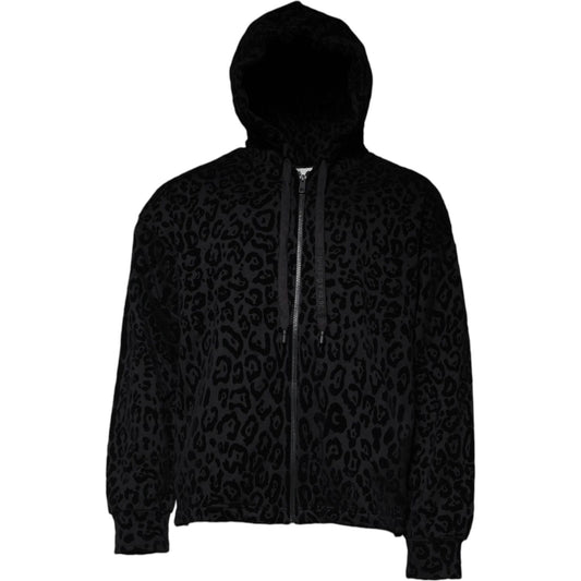 Dolce & Gabbana Black Leopard Cotton Hooded Full Zip Sweater TSH86961-48
