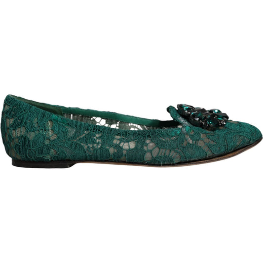 Dolce & Gabbana Green Lace Crystal Ballet Flats Loafers Shoes LA11686-37.5
