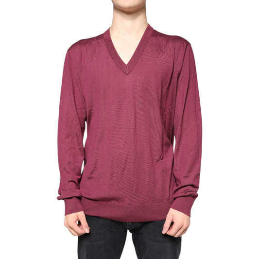 Dolce & Gabbana Maroon Cashmere V-neck Men Pullover Sweater TSH87068-54