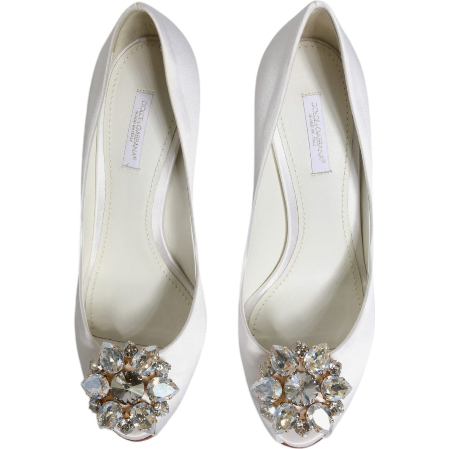 Dolce & Gabbana White Crystals Peep Toe Satin Pumps Shoes LA11867-37.5