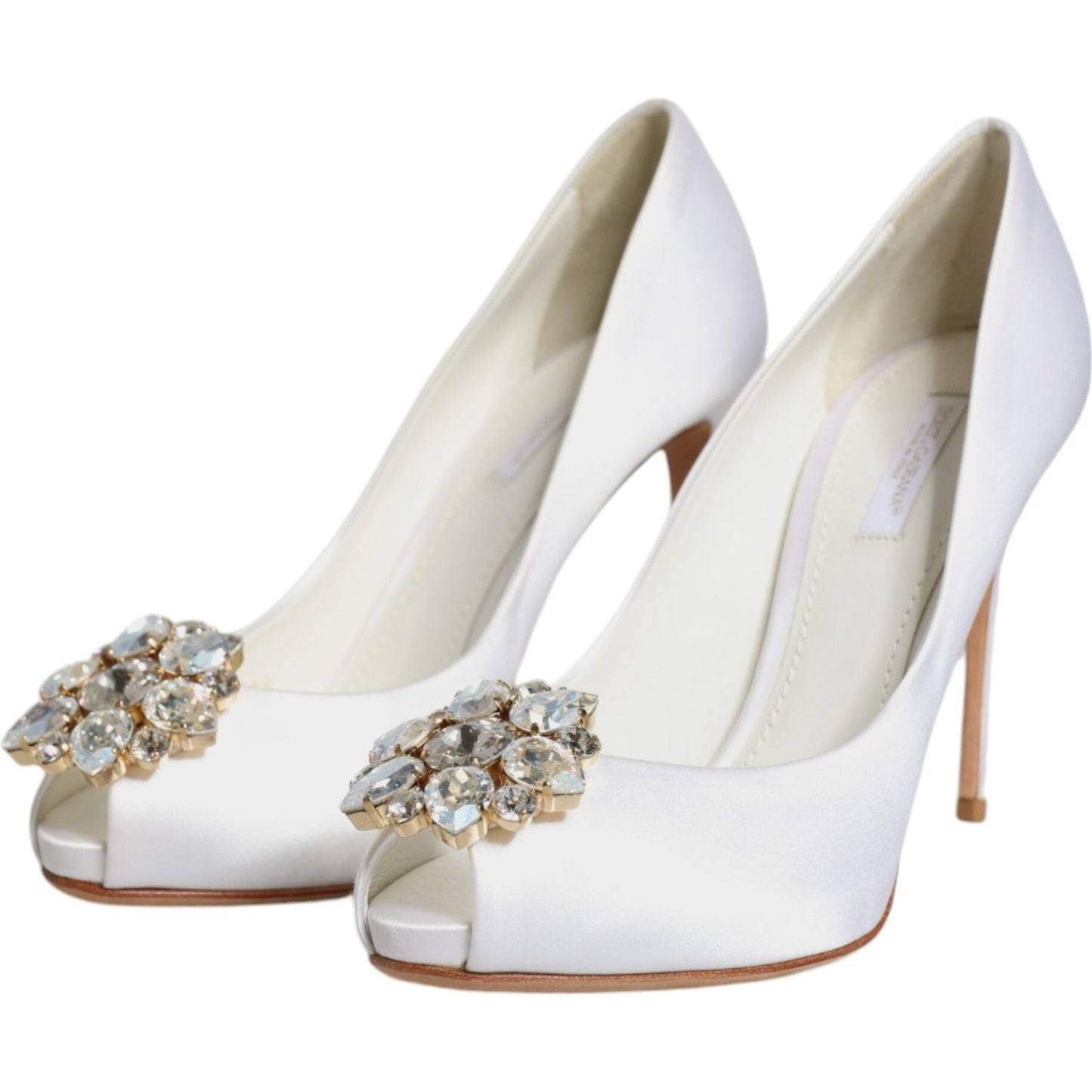 Dolce & Gabbana White Crystals Peep Toe Satin Pumps Shoes LA11867-37.5