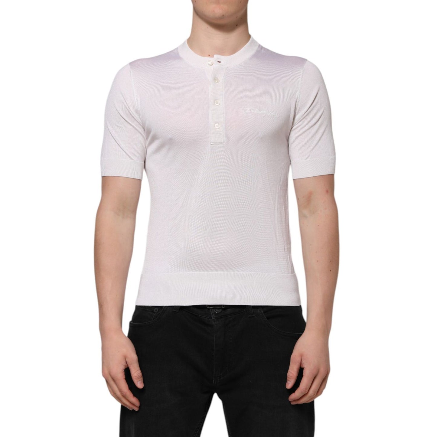 Dolce & Gabbana White Silk Short Sleeves Men Henley T-shirt