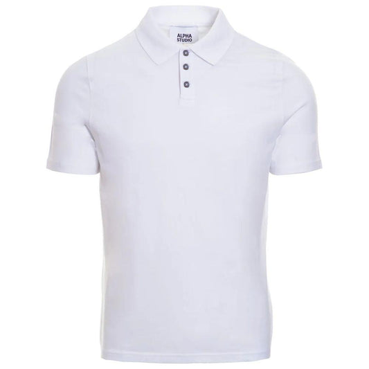 Alpha Studio white cotton polo shirt with short sleeves and three-button collar, perfect for casual or smart-casual wear.