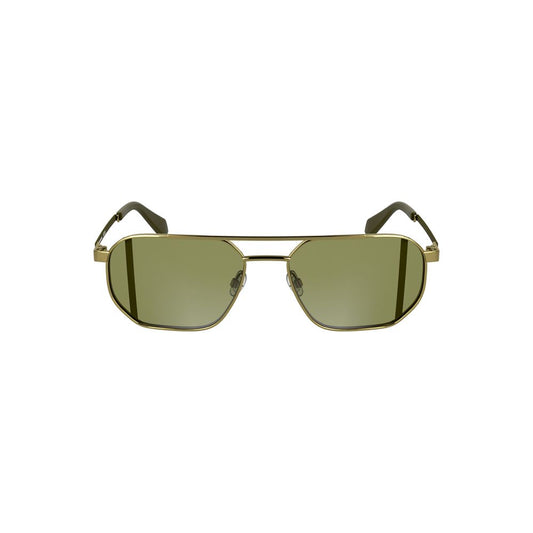 Calvin Klein gold metal sunglasses with square green lenses, exuding timeless design and contemporary flair.